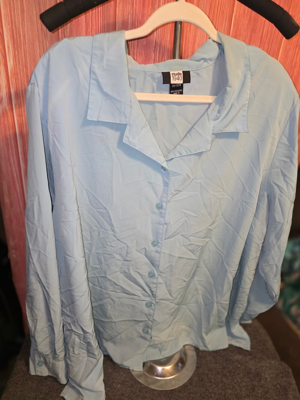 Studio 1940 Womens 30/32W Light Blue Button Down Blouse Long Sleeve Camp Collar